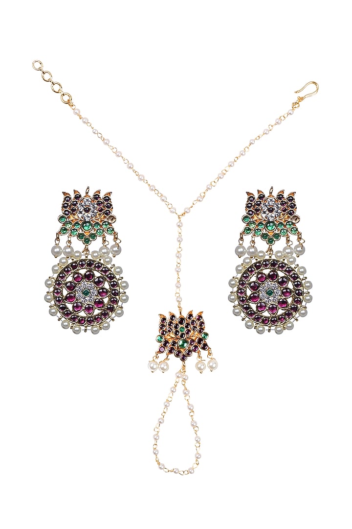 Gold Finish Kundan Polki & Kemp Stone Dangler Earrings Set by RNG at Pernia's Pop Up Shop
