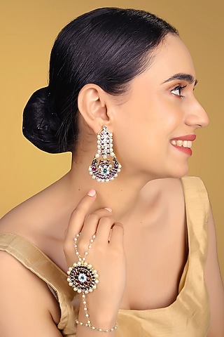 Gold Finish Kundan Polki & Kemp Stone Dangler Earrings Set by RNG