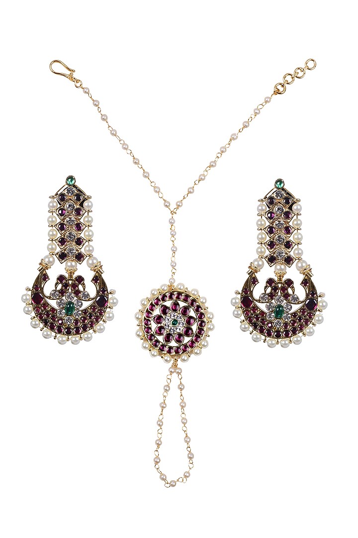 Gold Finish Kundan Polki & Kemp Stone Dangler Earrings Set by RNG at Pernia's Pop Up Shop
