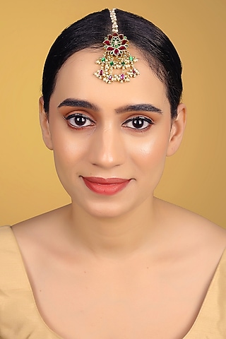 Gold Finish Kundan Polki & Kemp Stone Maangtikka by RNG