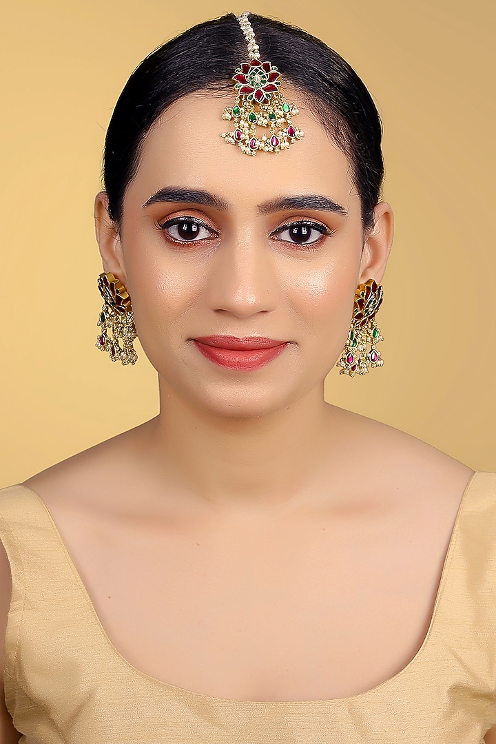 Gold Finish Kundan Polki & Kemp Stone Dangler Earrings Set by RNG at Pernia's Pop Up Shop
