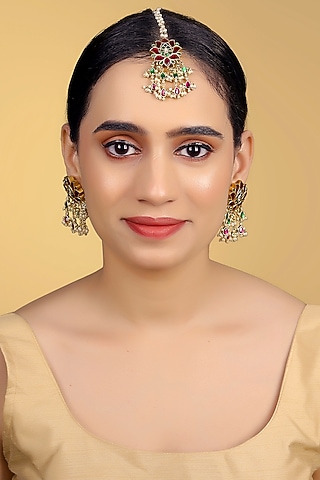 Gold Finish Kundan Polki & Kemp Stone Dangler Earrings Set by RNG
