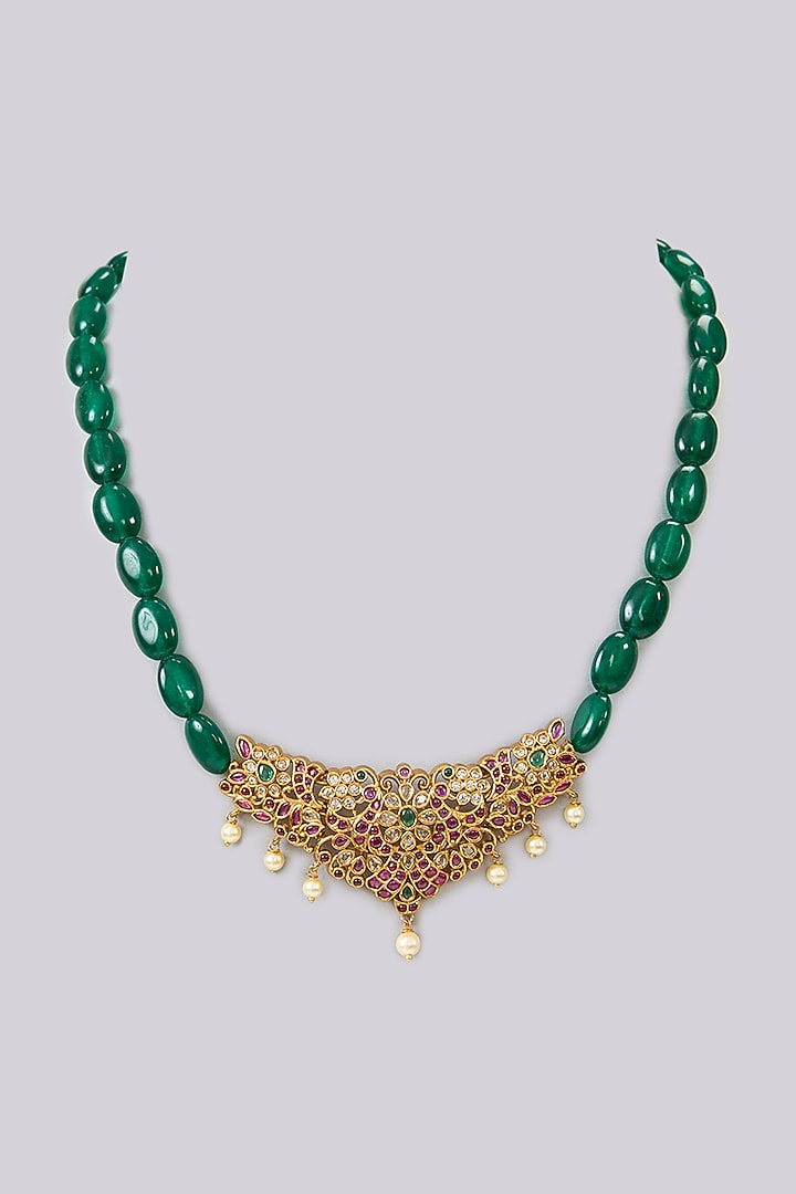 Gold Finish Kemp Stone & Green Onyx Beaded Temple Pendant Necklace by RNG at Pernia's Pop Up Shop