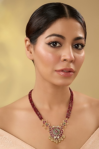 Gold Finish Kemp Stone & Pink Crystal Onyx Beaded Temple Pendant Necklace by RNG