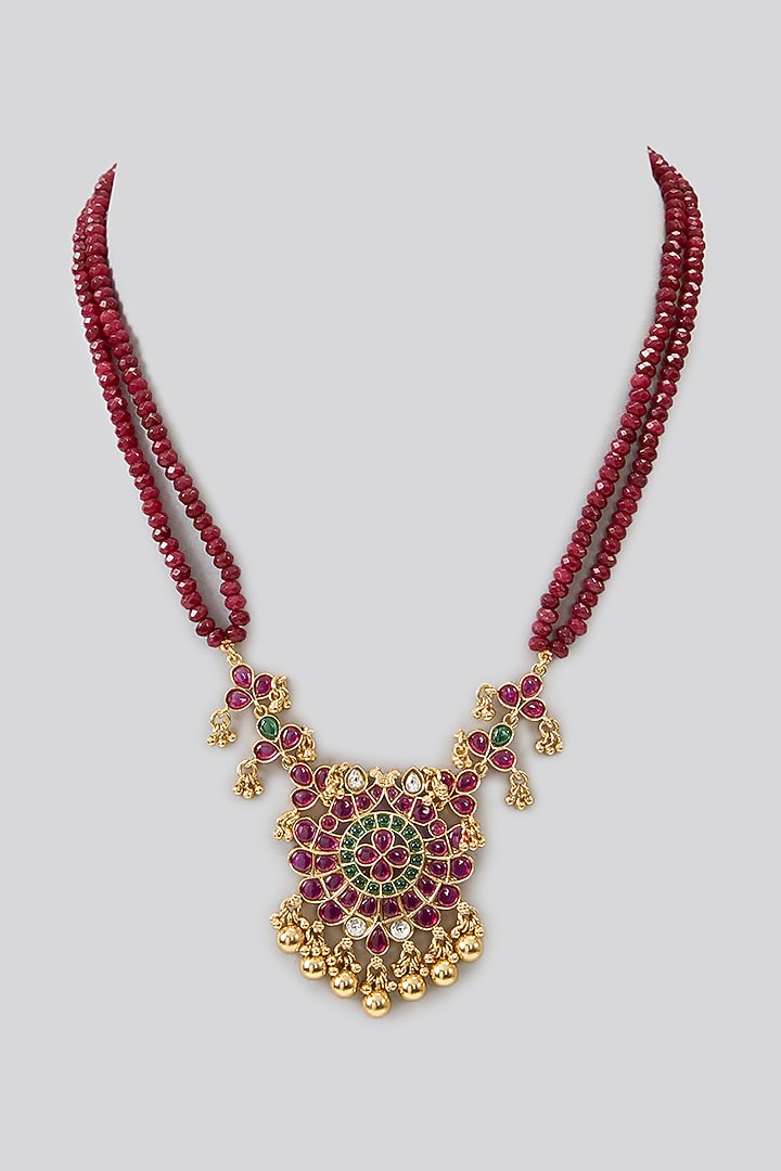 Gold Finish Kemp Stone & Pink Crystal Onyx Beaded Temple Pendant Necklace by RNG at Pernia's Pop Up Shop
