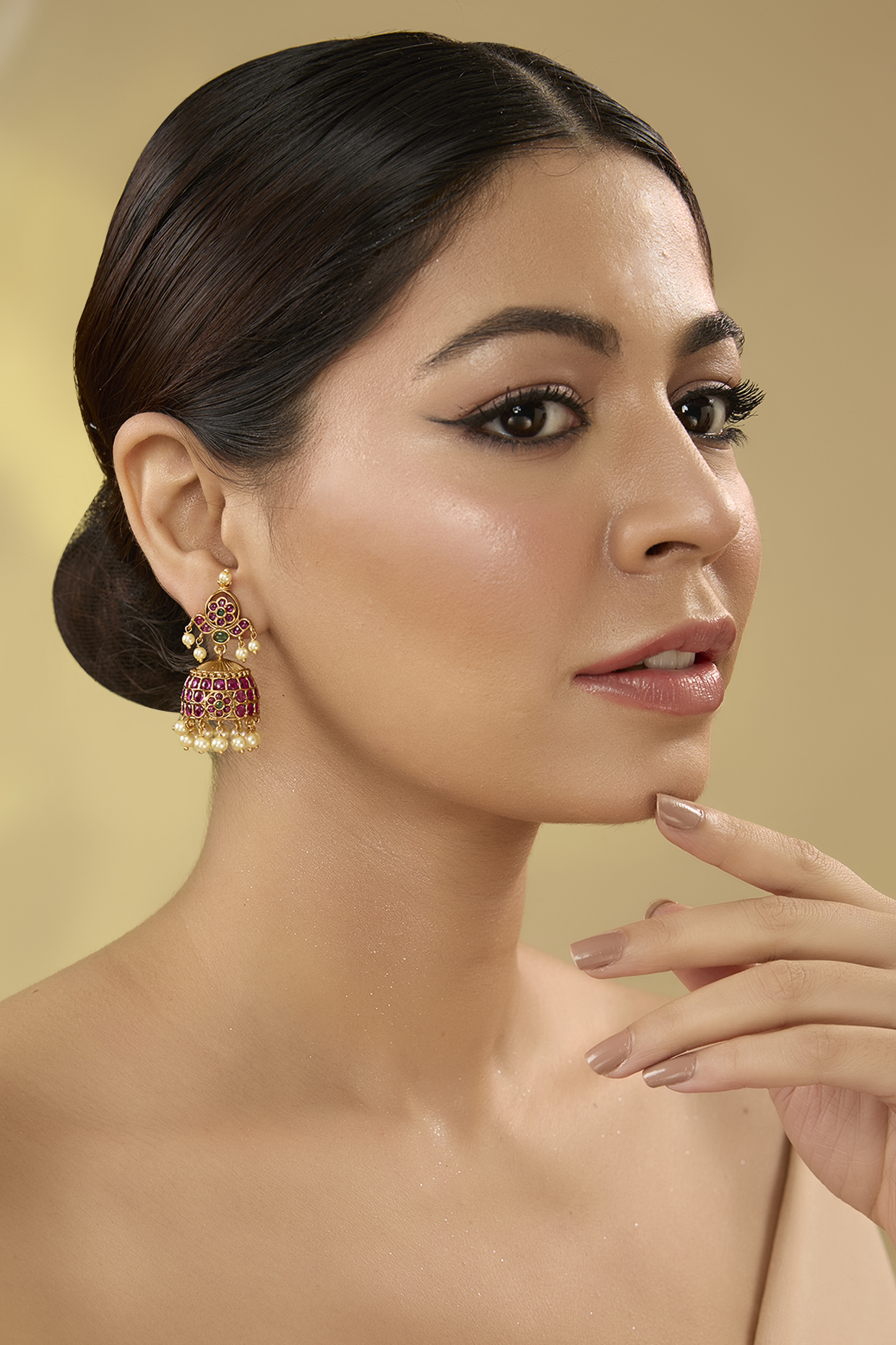 Gold Finish Kemp Stone & Pearl Drop Temple Jhumka Earrings by RNG at Pernia's Pop Up Shop