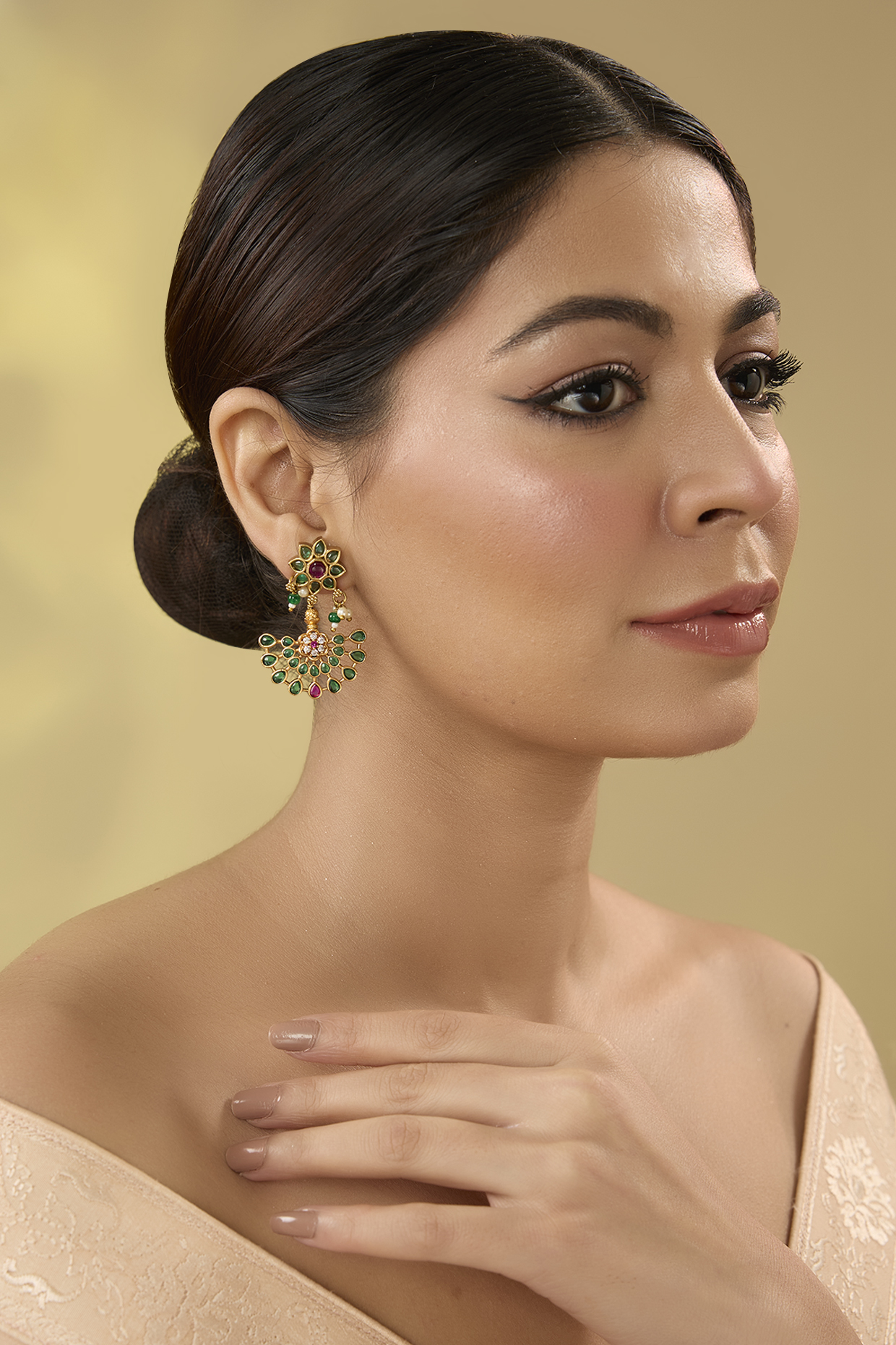 Gold Finish Green Kemp Stone Temple Dangler Earrings by RNG at Pernia's Pop Up Shop