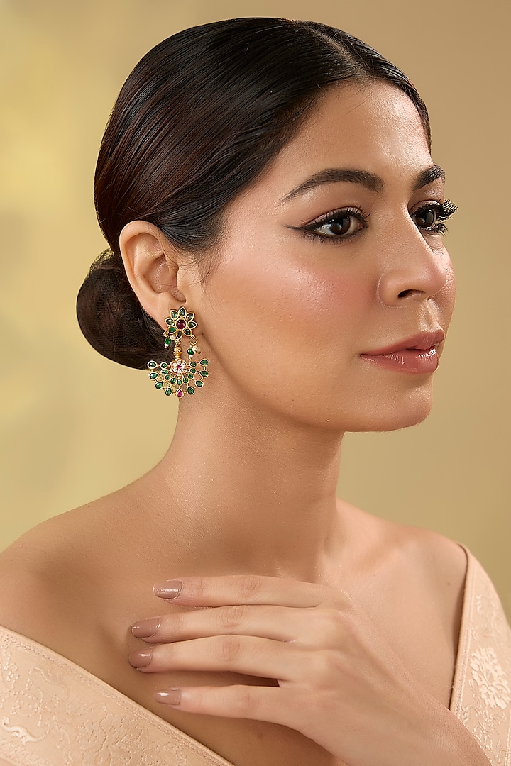 Gold Finish Green Kemp Stone Temple Dangler Earrings by RNG at Pernia's Pop Up Shop