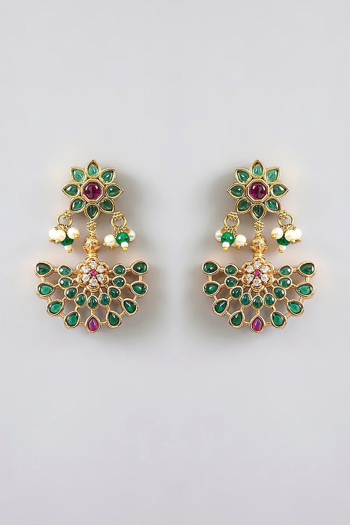 Gold Finish Green Kemp Stone Temple Dangler Earrings by RNG at Pernia's Pop Up Shop