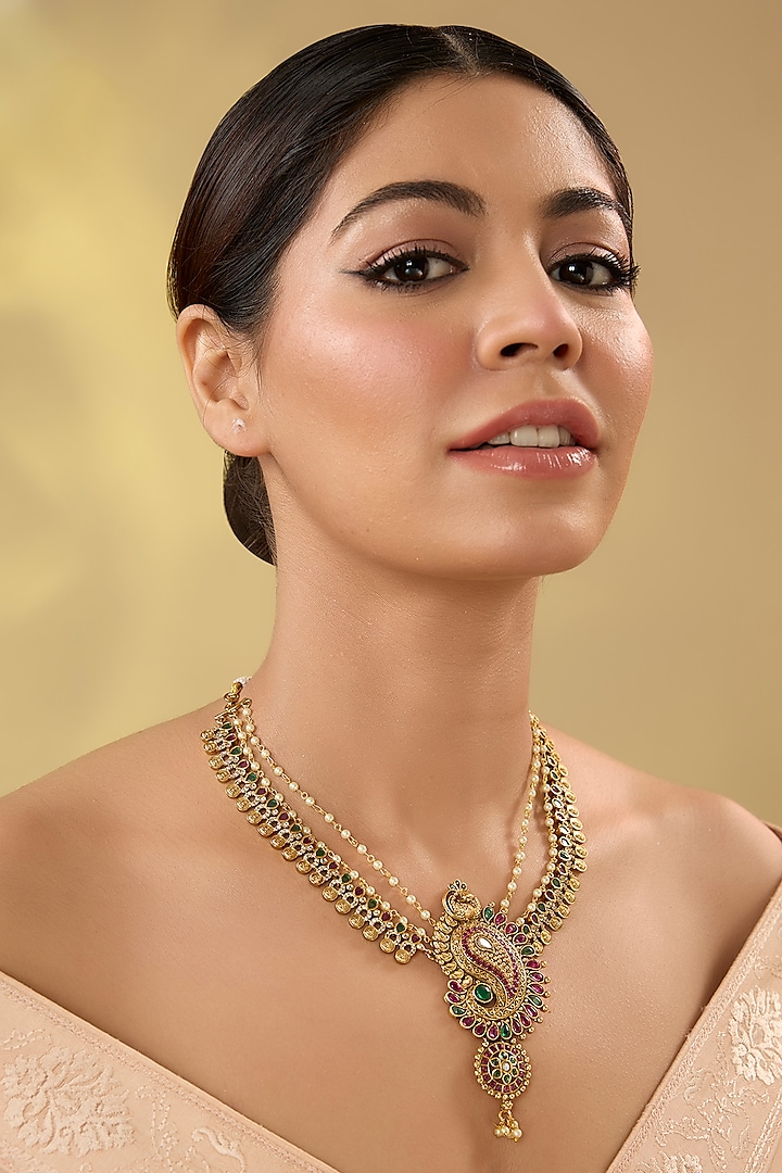 Gold Finish Kemp Stone & Pearl Temple Layered Necklace by RNG at Pernia's Pop Up Shop