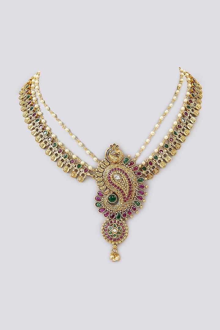 Gold Finish Kemp Stone & Pearl Temple Layered Necklace by RNG at Pernia's Pop Up Shop