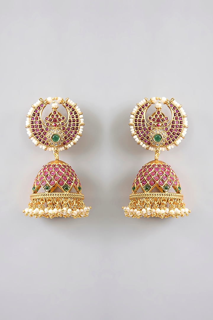 Gold Finish Pink Kemp Stone Temple Jhumka Earrings by RNG at Pernia's Pop Up Shop