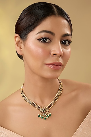 Gold Finish Kemp Stone & Green Bead Drop Temple Necklace by RNG