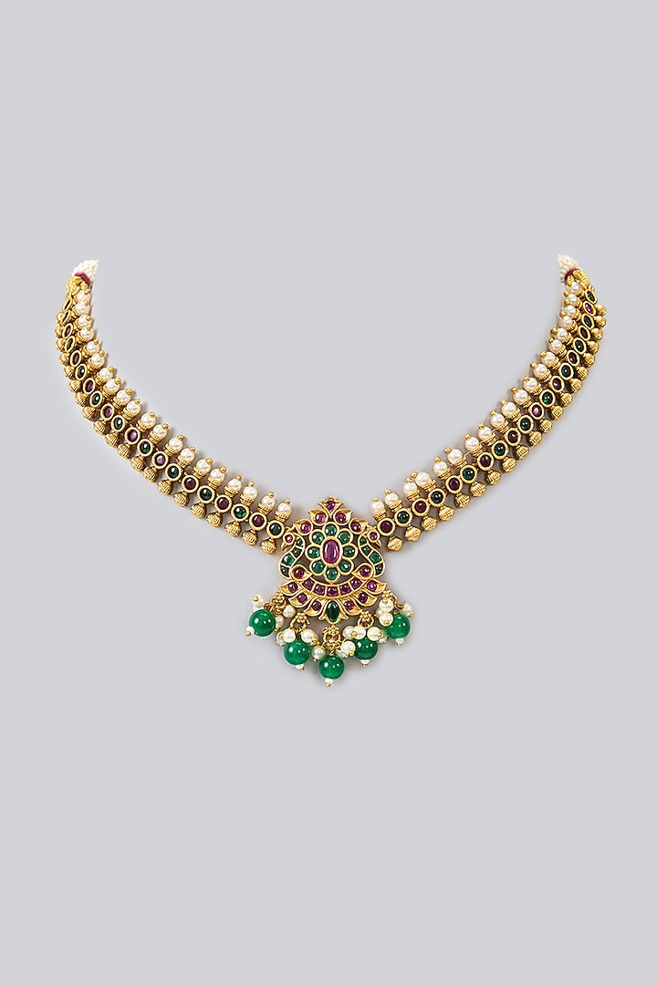 Gold Finish Kemp Stone & Green Bead Drop Temple Necklace by RNG at Pernia's Pop Up Shop