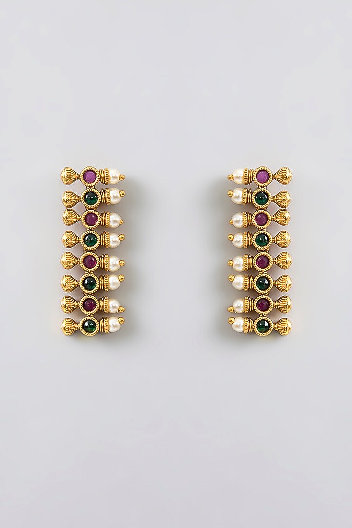 Gold Finish Pink & Green Kemp Stone Temple Stud Earrings by RNG at Pernia's Pop Up Shop