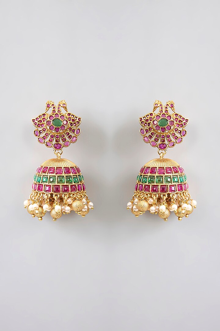 Gold Finish Kemp Stone & Pearl Drop Temple Jhumka Earrings by RNG at Pernia's Pop Up Shop