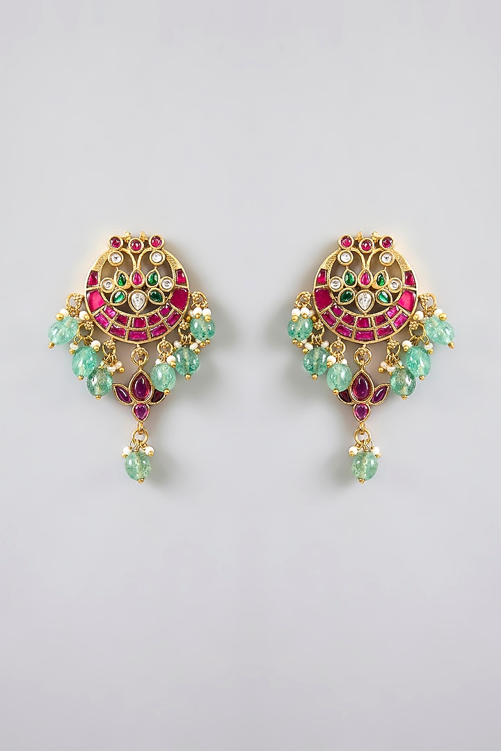 Gold Finish Pink & Green Kemp Stone Temple Dangler Earrings by RNG at Pernia's Pop Up Shop