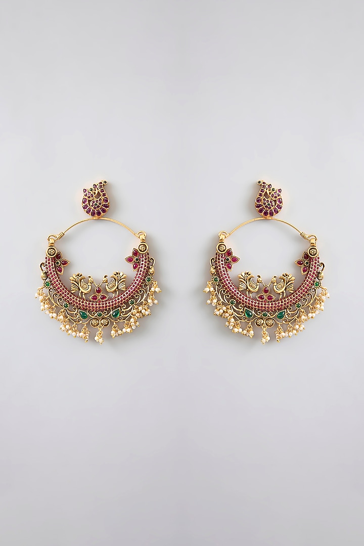 Gold Finish Kemp Stone Temple Chandbali Earrings by RNG at Pernia's Pop Up Shop