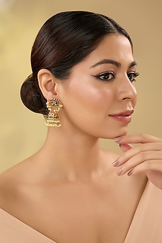 Gold Finish Pink & Green Kemp Stone Temple Dangler Earrings by RNG