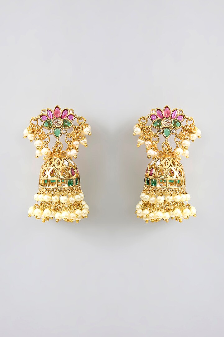 Gold Finish Pink & Green Kemp Stone Temple Dangler Earrings by RNG at Pernia's Pop Up Shop