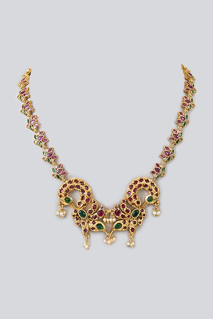 Gold Finish Green & Pink Kemp Stone Peacock Temple Necklace by RNG at Pernia's Pop Up Shop
