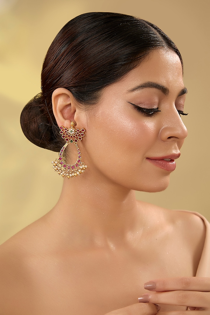 Gold Finish Pink & Green Kemp Stone Temple Chandbali Earrings by RNG at Pernia's Pop Up Shop