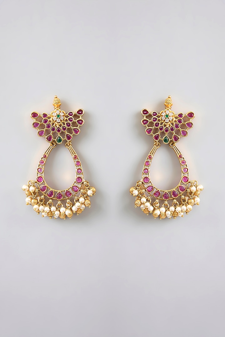 Gold Finish Pink & Green Kemp Stone Temple Chandbali Earrings by RNG at Pernia's Pop Up Shop