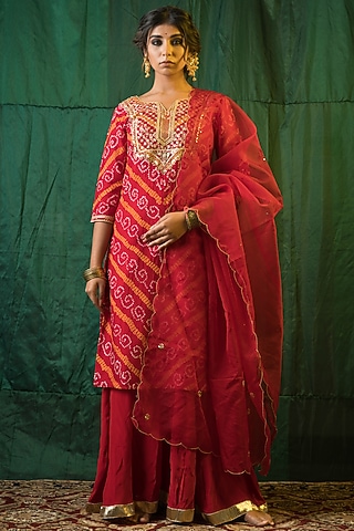 Cadmium Red Crepe Sharara Set by Ruchira Nangalia