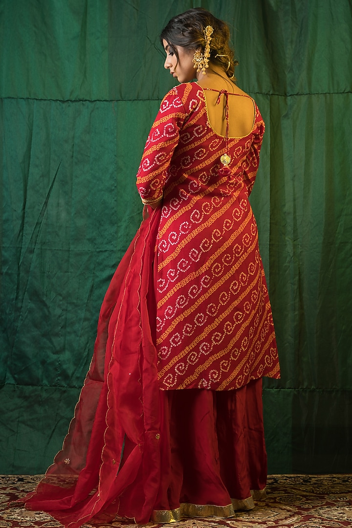 Cadmium Red Crepe Wedding Sharara Set by Ruchira Nangalia at Pernia's Pop Up Shop