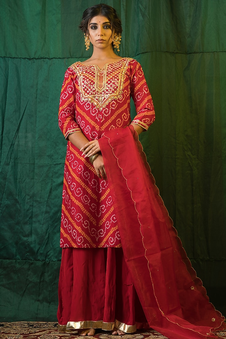 Cadmium Red Crepe Wedding Sharara Set by Ruchira Nangalia at Pernia's Pop Up Shop