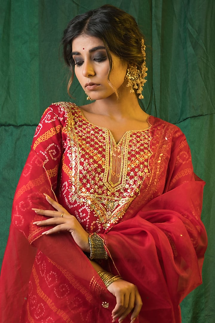 Cadmium Red Crepe Wedding Sharara Set by Ruchira Nangalia at Pernia's Pop Up Shop