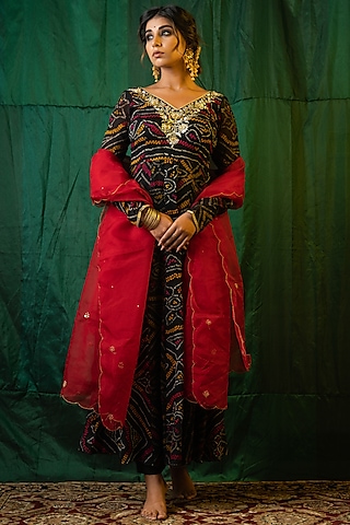 Black Hand Embroidered Anarkali Set by Ruchira Nangalia