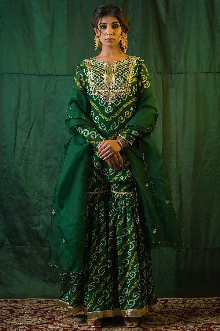 Emerald Green Crepe Sharara Set by Ruchira Nangalia