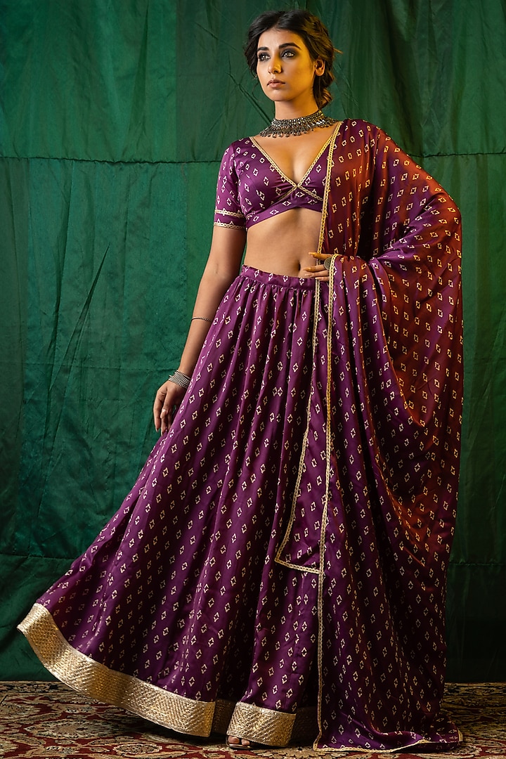 Purple Printed Lehenga Set by Ruchira Nangalia