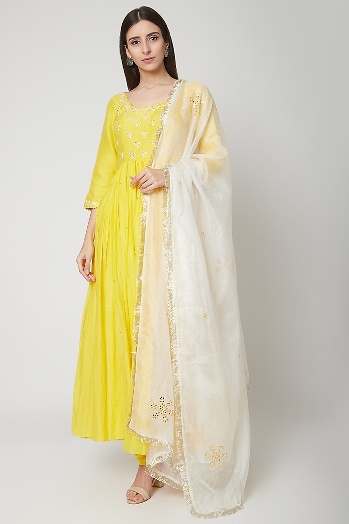 Sunshine Yellow Embroidered & Printed Anarkali Set by Ruchira Nangalia