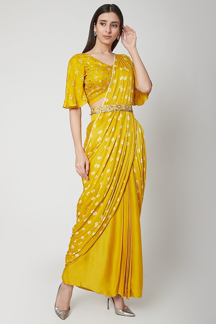 Sunshine Yellow Embroidered & Printed Pre-Stitched Saree Set by Ruchira Nangalia