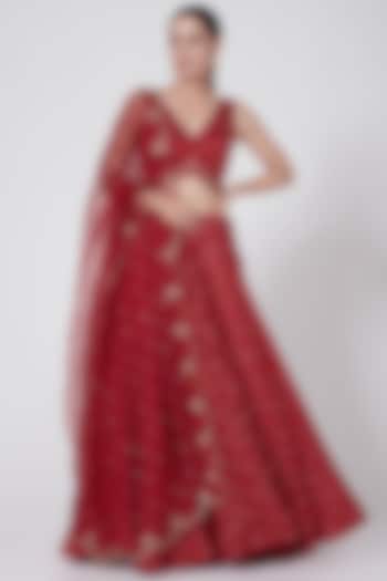 Red Embroidered & Printed Skirt Set by Ruchira Nangalia