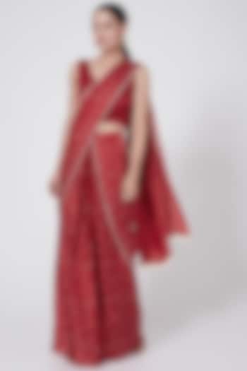 Red Printed Pre-Stitched Saree Set by Ruchira Nangalia