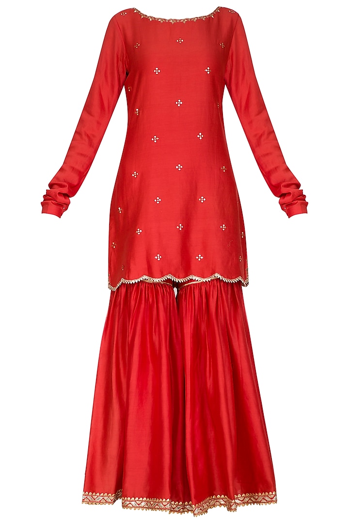 Red Embellished Sharara Set by Ruchira Nangalia