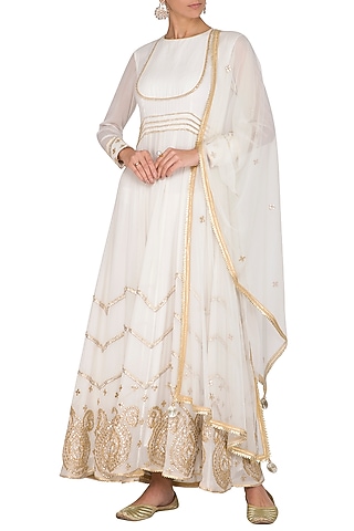 White Embellished Anarkali Set by Ruchira Nangalia