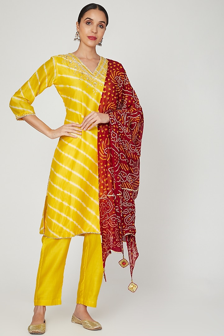 Yellow Leheriya & Embroidered Kurta Set Design by Ruchira Nangalia at ...