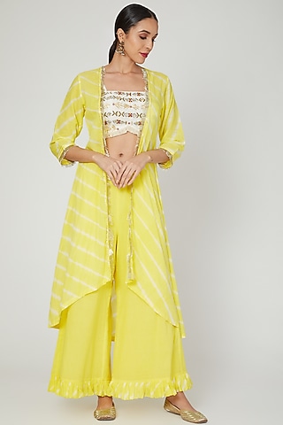 Yellow Embroidered Jacket Set by Ruchira Nangalia