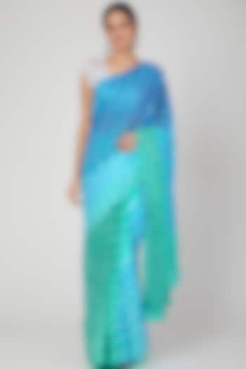 Turquoise Leheriya Ombre Saree Set  by Ruchira Nangalia