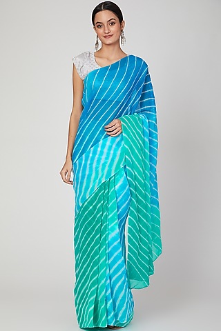 Turquoise Leheriya Ombre Saree Set  by Ruchira Nangalia