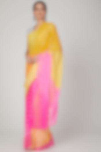 Pink & Yellow Leheriya Saree Set by Ruchira Nangalia