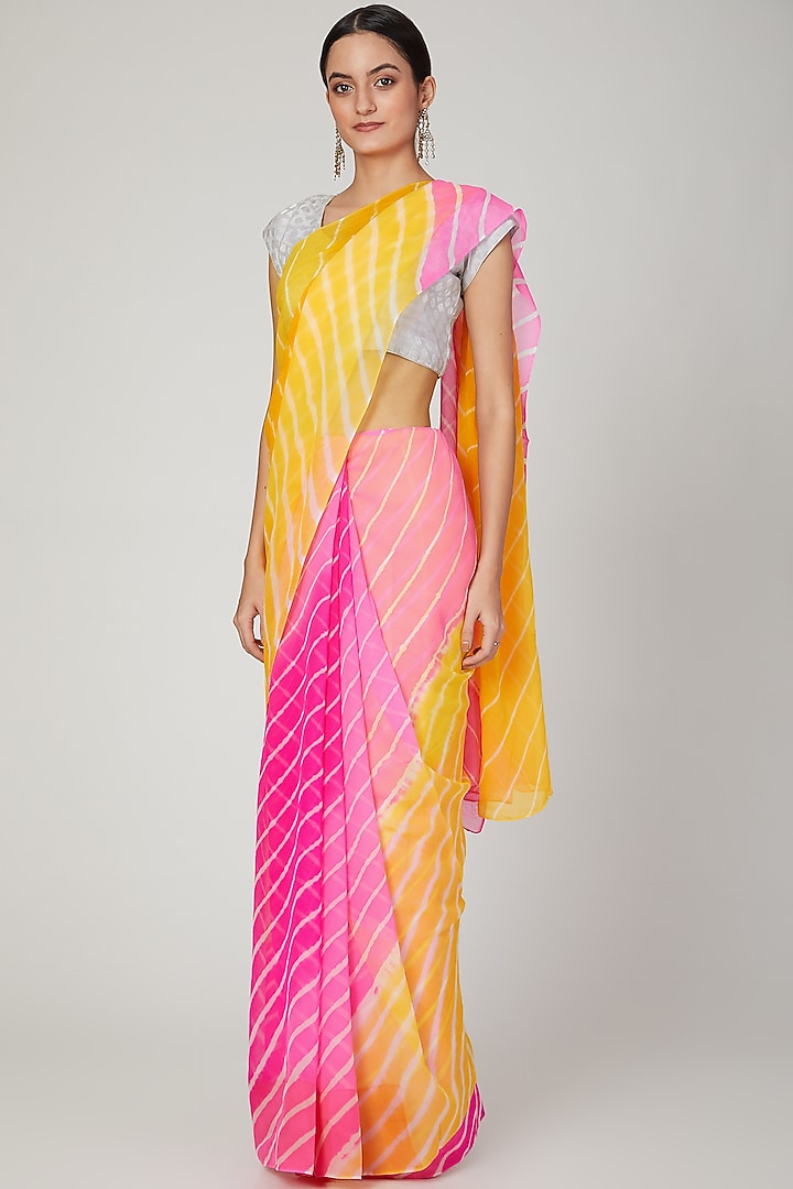 Pink & Yellow Leheriya Festive Saree Set by Ruchira Nangalia at Pernia's Pop Up Shop