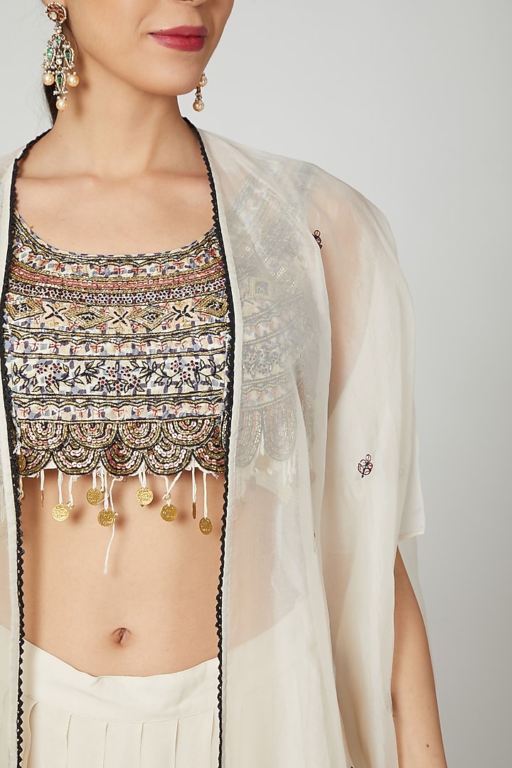 White Embroidered & Printed Cape Set by Ruchira Nangalia at Pernia's Pop Up Shop