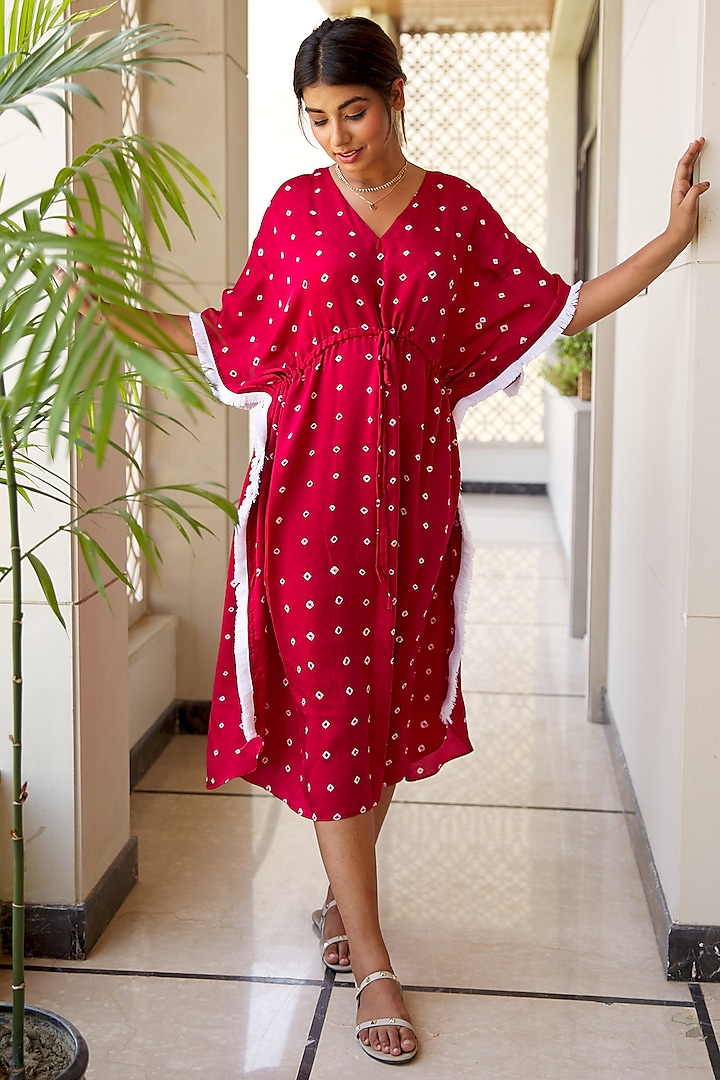 Red Hand-Dyed Bandhani Kaftan Dress by Ruchira Nangalia
