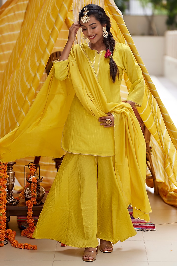 Haldi Yellow Cotton Sharara Set by Ruchira Nangalia