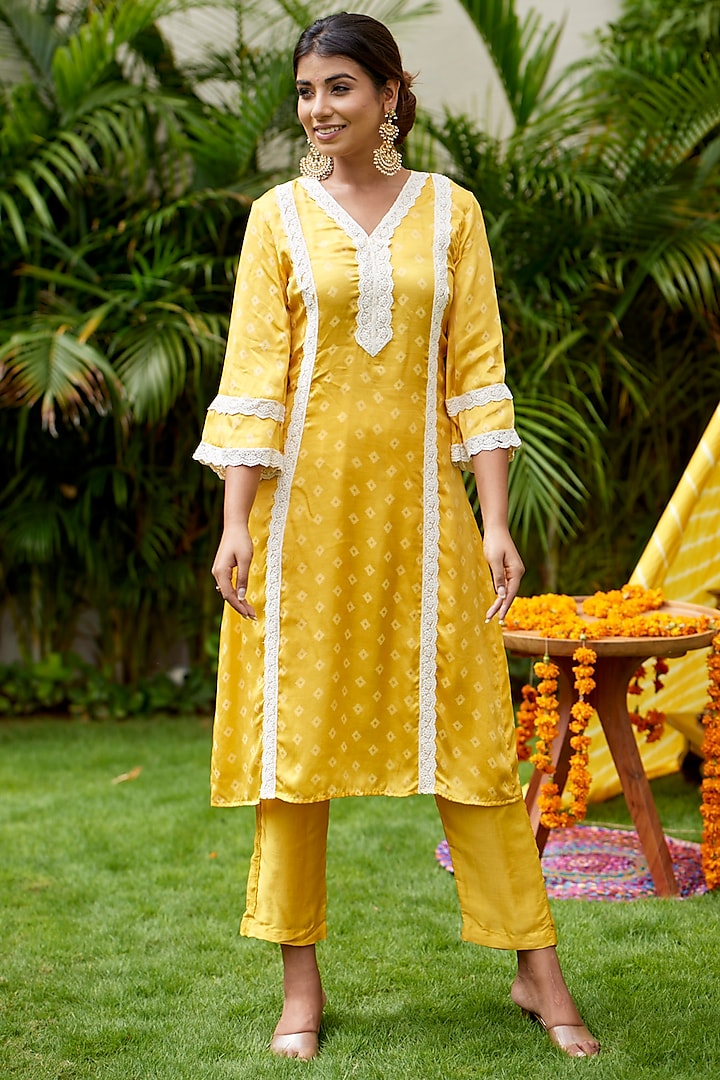 Yellow Bandhani Printed Lucknowi Kurta Set by Ruchira Nangalia